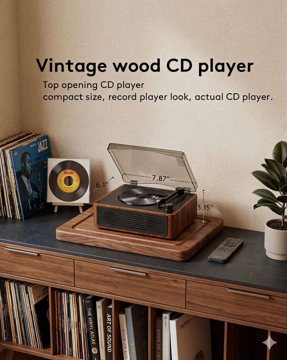 QMYAN Retro Bluetooth 5.3 CD Player - Walnut Wood Desktop Music Player with Built-in Speakers, Portable Rechargeable 6-8H Battery, Vintage Home Decor & Gift